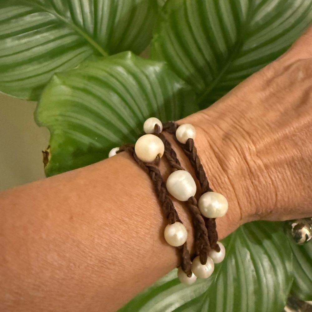 Artisan Leather & Freshwater Pearl Wrap Bracelet Island Luxe Boho Gift
